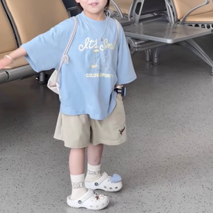 男童短袖套装2026新款酷帅小众纯棉T恤洋气宝宝儿童中大童两件套