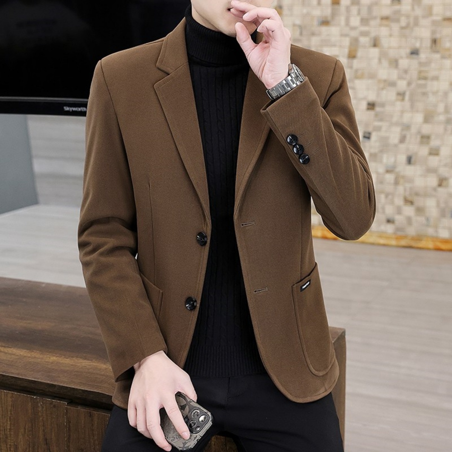 高端休闲西装外套男春秋季新款潮流韩版修身男士简约纯色百搭西服