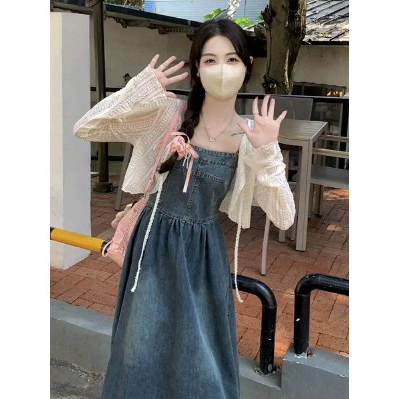 大码复古吊带连衣裙女夏季显瘦牛仔裙子胖MM外搭防晒蕾丝开衫套装