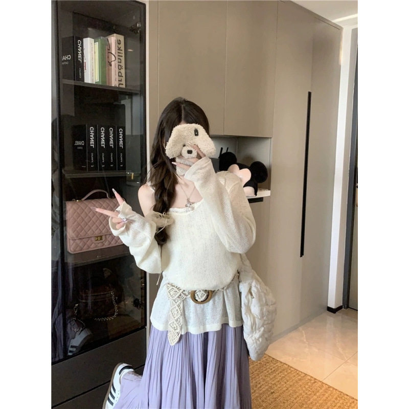 波西米亚假两件吊带针织罩衫女夏季收腰露肩斜肩宽松薄款防晒上衣