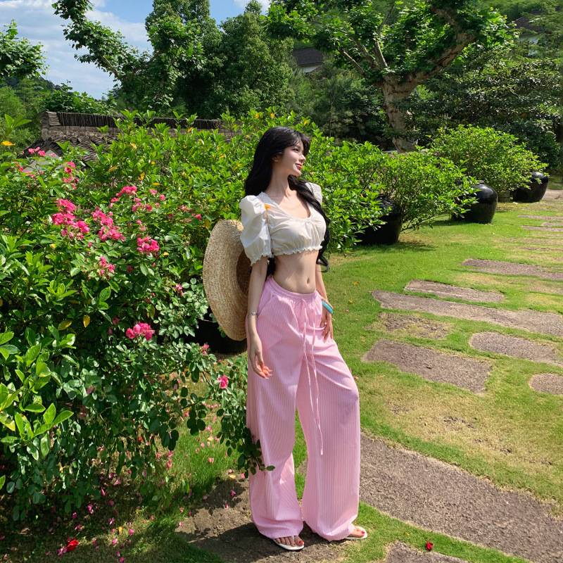 辣妹性感纯欲套装露脐泡泡袖短款白色上衣粉色条纹阔腿休闲裤女夏