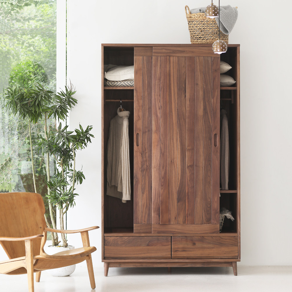 中古风衣柜北欧组合衣柜全实木单人卧室推拉2米黑胡桃木衣橱别墅