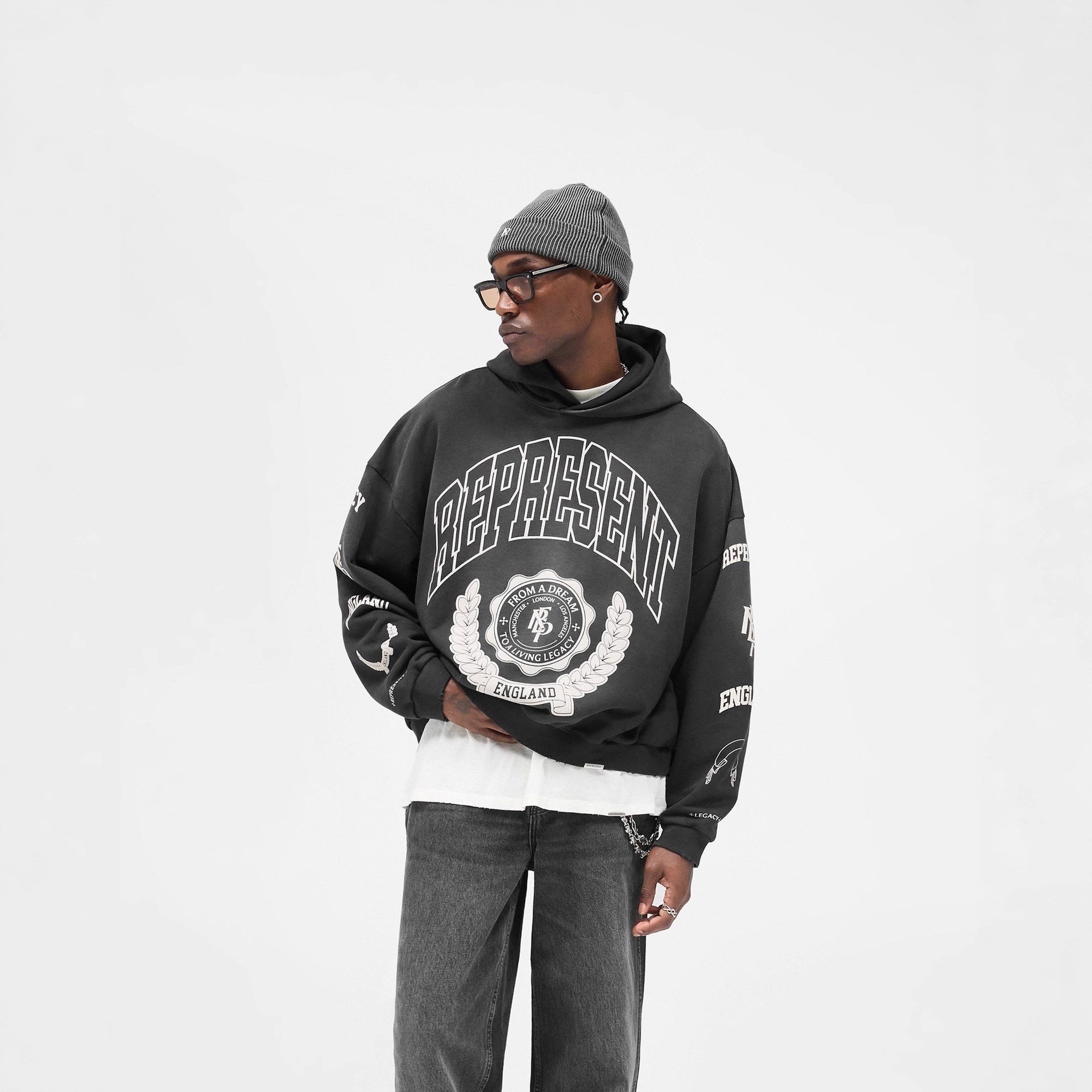 现货REPRESENT英潮字母REP徽标洗水做旧连帽卫衣帽衫男潮