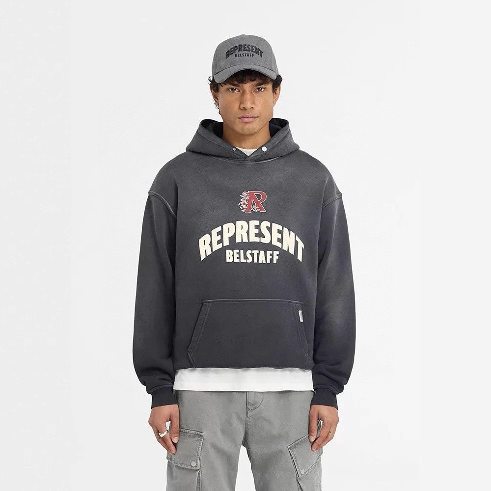 现货REPRESENT 联名款浴火凤凰火焰R洗水做旧连帽卫衣帽衫