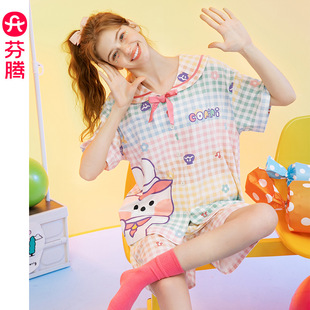 套装 薄款 短袖 卡通休闲家居服 开衫 睡眠棉 布朗熊睡衣女夏季