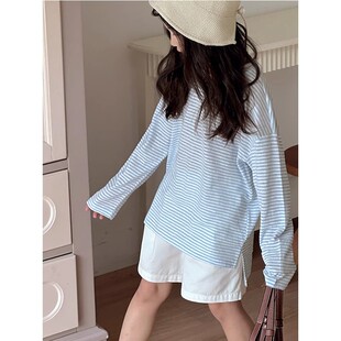 女童夏装休闲防晒套装2025夏季轻薄蓝色条纹防嗮衣服直筒阔腿短裤