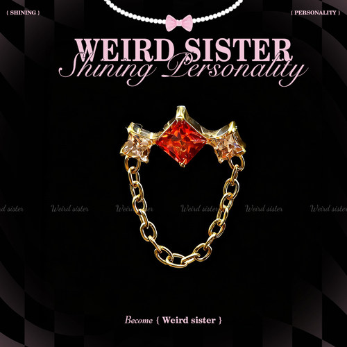 WEIRD SISTER钛合金红色新年系列镀金方钻流苏链耳钉耳骨flat精致