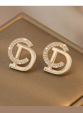 s925银针满钻CD字母耳钉女小众设计感耳环网红气质简约时尚耳饰潮
