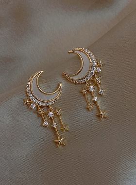 S925银针星星月亮流苏气质耳钉女潮时尚个性百搭镶钻耳环耳饰品潮