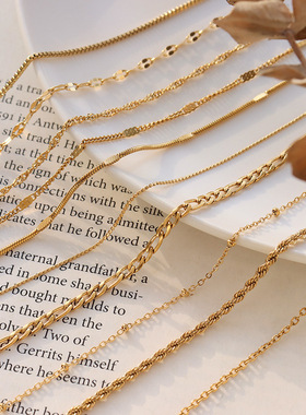 十字链蛇骨链麻花链盒子链多样项链女钛钢镀18K金素链锁骨链饰品