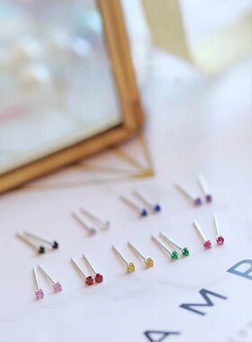 纯银s999迷你水钻小耳钉高级感女彩色耳骨钉养耳洞简约夏小众耳饰