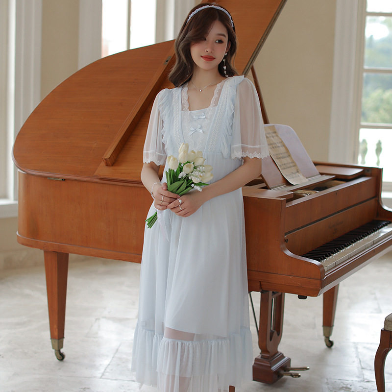 2023年夏季新款宫廷公主风甜美蕾丝莫代尔睡衣女短袖长款过膝睡