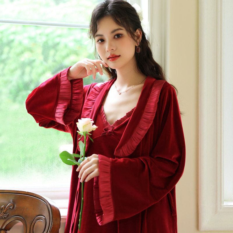 长袖睡袍女金丝绒睡裙新娘晨袍法式保暖睡衣可外穿家居服套装秋冬