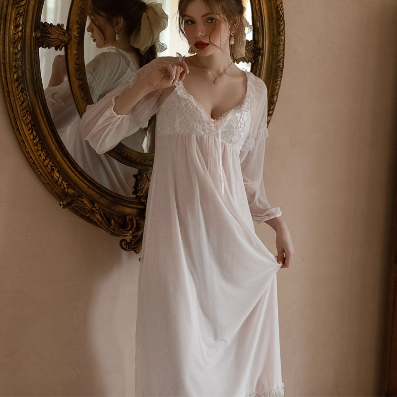 欧美柔软蕾丝网纱人棉双层带棉垫长袖长裙性感睡衣女宽松大码睡裙
