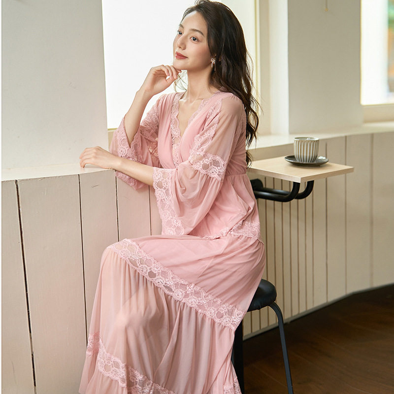 春夏纯欲网纱睡裙花边蕾丝长袖轻熟仙女风宫廷可外穿时尚家居服
