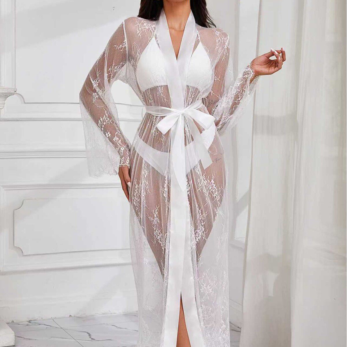 跨境外贸新款爆款内衣网纱睡袍欧美薄款性感睡衣长款透视套装女