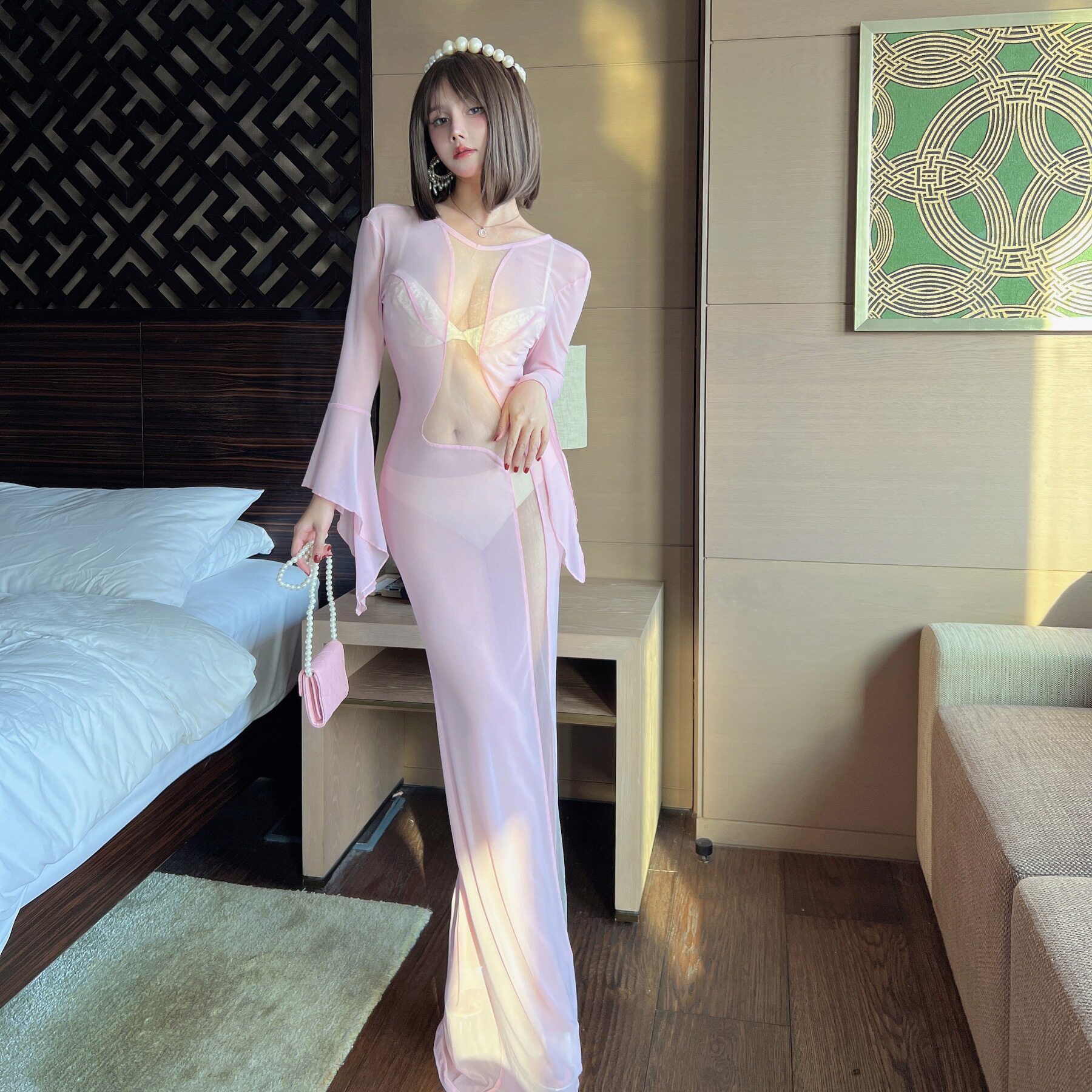 新款性感透视网纱拼接长裙喇叭袖前后纱夜店礼服裙桑拿技师工作服