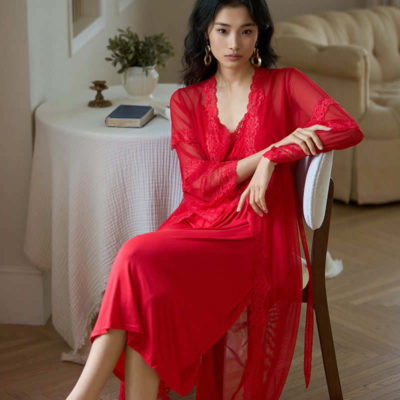 春秋纯欲网纱睡裙花边蕾丝长袖两件套熟女风宫廷可外穿时尚家居服