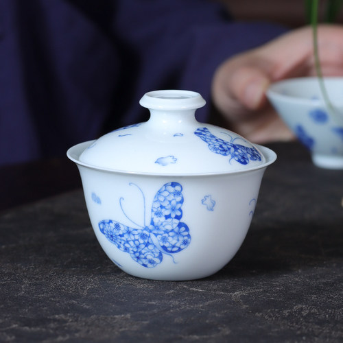 纯手工手绘蝴蝶图二才盖碗