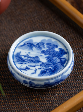 民间艺人纯手工青花盖置手绘鱼山水壶承茶盖盖托陶瓷盖至茶壶盖承
