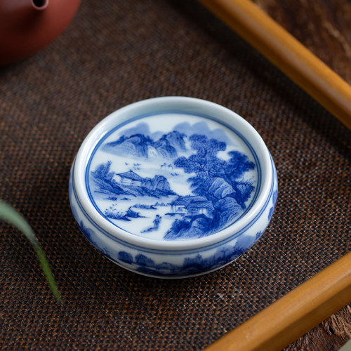手绘山水青花鱼陶瓷茶壶盖