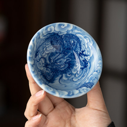 民间艺人青花手绘龙纹主人杯单杯景德镇茶杯高档个人杯釉下彩茶具