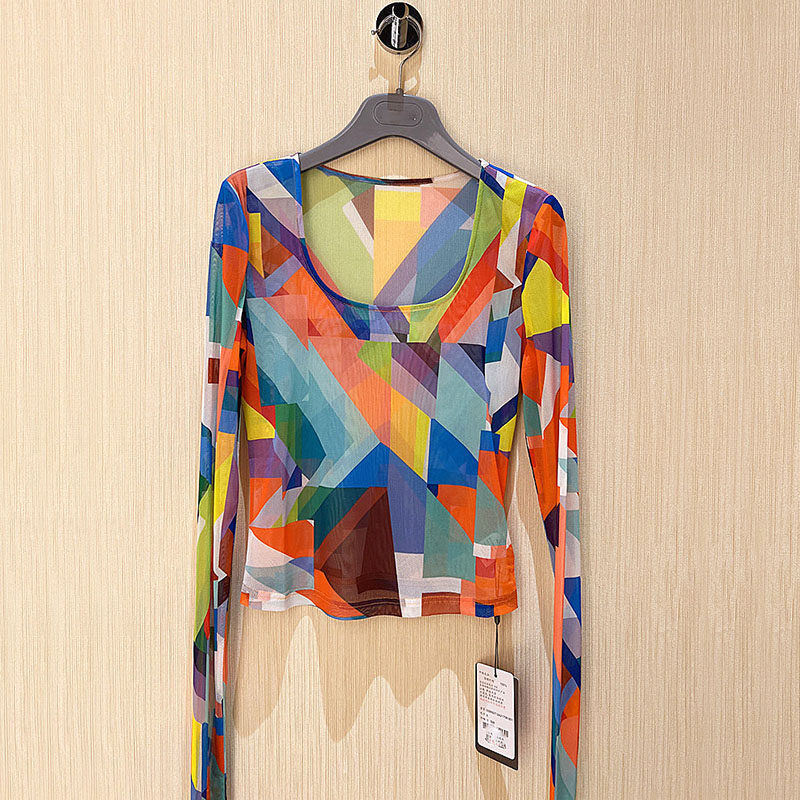 正品哥家女装2026秋季复古U型领印花网纱衬衫打底衫长袖T恤皮肤衣