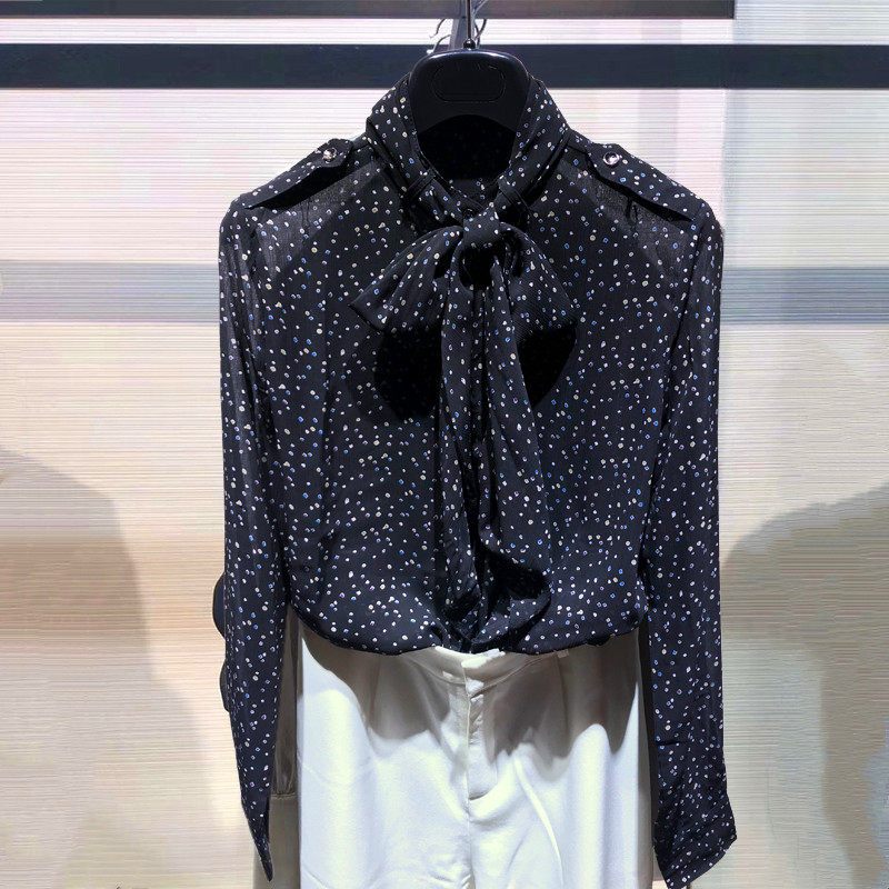 正品哥家女装2026年春季新款百搭长袖网纱上衣碎花黑色圆点衬衫女
