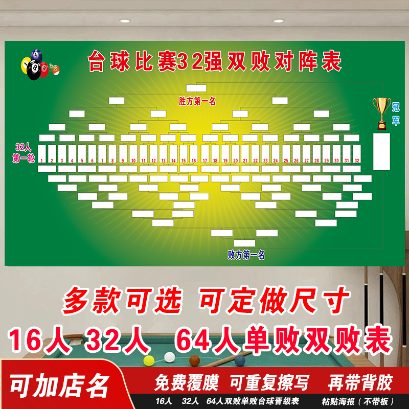32人16人64人双败制单败制台球比赛晋级表桌球比赛台球厅贴画海报