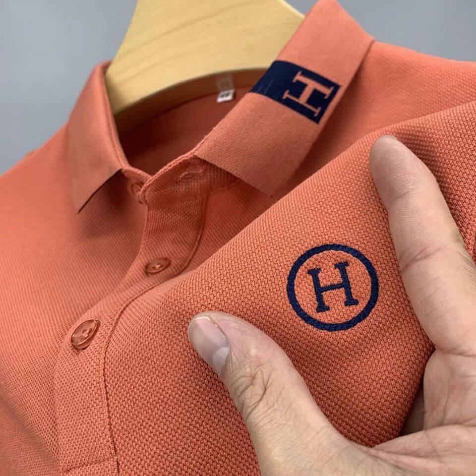 2023 SUMMER NEW SHORT SLEEVE T-SHIRT MENS LAPEL VERSATILE ICE SILK POLO SHIRT COTTON SLIM PAUL SHIRT CLOTHES