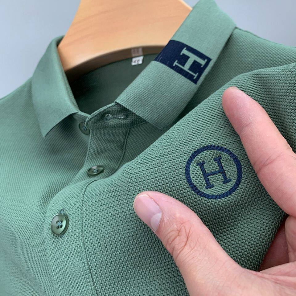 2023 SUMMER NEW SHORT SLEEVE T-SHIRT MENS LAPEL VERSATILE ICE SILK POLO SHIRT COTTON SLIM PAUL SHIRT CLOTHES