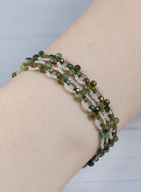 双层深绿色天然碧玺手链手工蕾丝梭编小众水晶饰品礼物DIY材料包