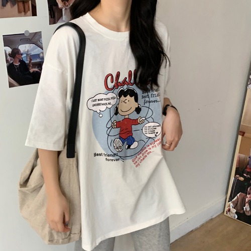 Real shooting 21 new summer clothing academy style letter cartoon printed half sleeve top medium length short sleeve t-shirt female