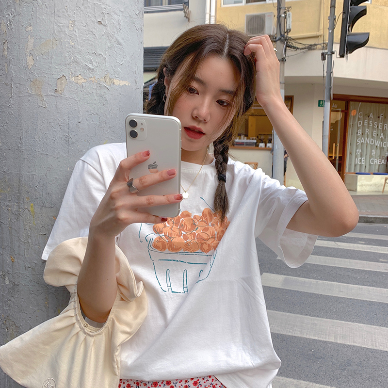 Real shooting new summer clothes simple Korean loose printing short sleeve female student T-shirt cotton