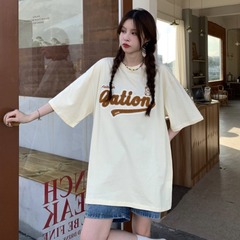 Real shot summer new Korean medium length towel embroidered letter printed round neck short sleeve T-shirt 65 / 35 cotton