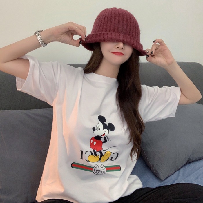 Real shooting of new summer clothing academy style letter cartoon medium length printed Mickey Mouse short sleeve T-shirt