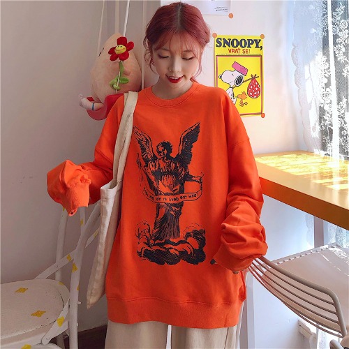 Real shot autumn new Korean versatile college style cartoon printed Pullover Sweater thin T-shirt