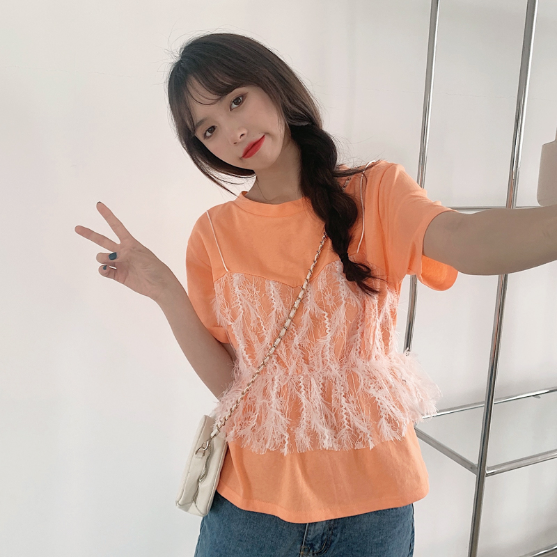 Real photo ~ summer new lace stitching fake two T-shirts short sleeve waistband sweet bottoming top female