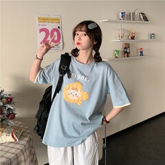 Real shooting of new summer clothing college style letter cartoon printed half sleeve top medium length short sleeve cotton t-shirt female