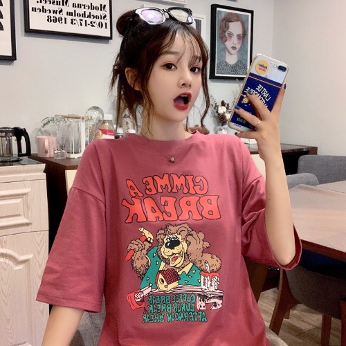 Real shooting of new summer clothing academy style letter cartoon printed half sleeve top medium length short sleeve t-shirt female