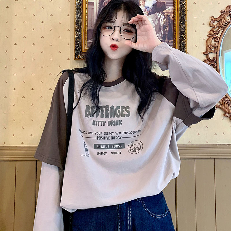 Real shot autumn Korean round neck fake two pieces of splicing text printed thin sweater for women 6535 cotton