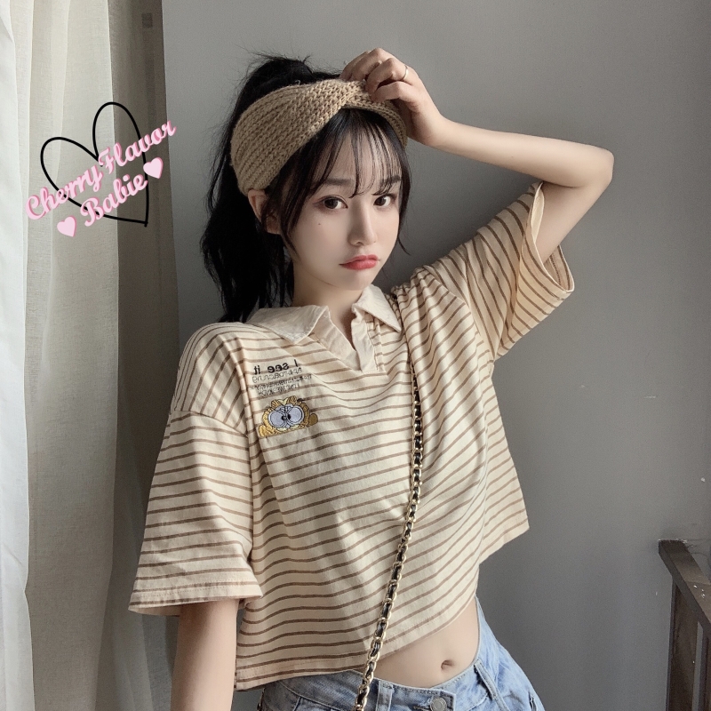 Real shooting of new summer clothing college style embroidery cartoon polo collar stripe short loose short sleeve T-shirt