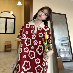 Real photo of 2021 new summer college print medium length dress loose short sleeve girl