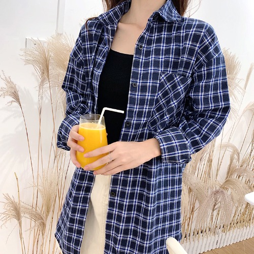 Korean loose and versatile Blue Plaid cardigan shirt