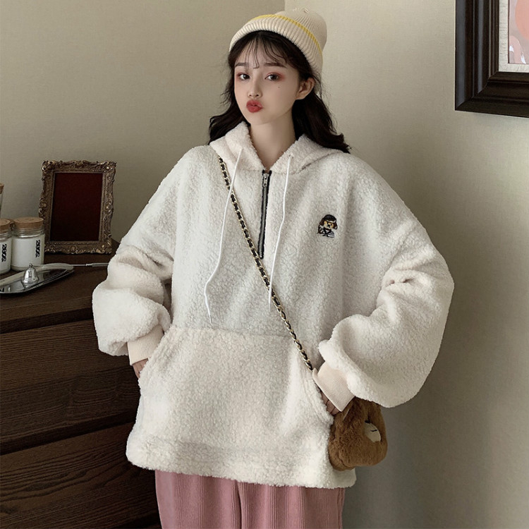 Real shot winter new lazy style loose lambs Plush hooded sweater women's coat