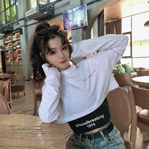 Real shot autumn clothes versatile letter crew neck TIGHT SKINNY sexy vest + short long sleeve T-shirt for women