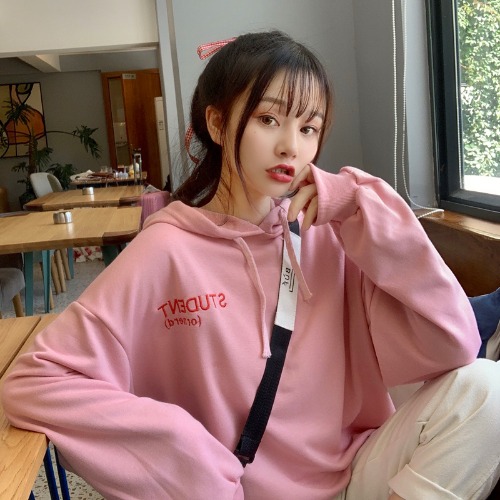 Real shot of new winter Korean loose printed letter cover with plush and thickened hood