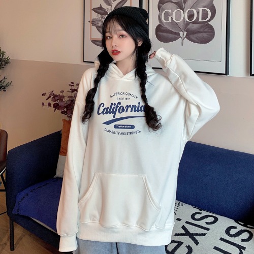 Real shot spring dress Korean version versatile simple embroidery letter thin hooded loose T-shirt women's fish scale cloth