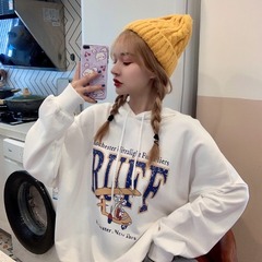 Real shooting autumn new Korean cartoon printing versatile loose thin Cotton Hooded t-shirt female condom