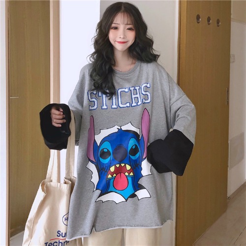 Real shooting autumn new Korean version of versatile college style sleeve with sleeve fake two long sleeve T-shirt for women 6535 fish scales